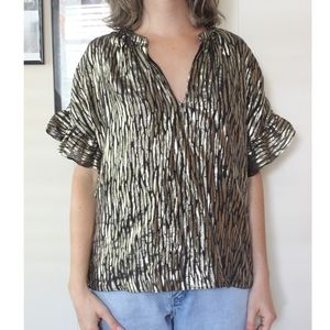 Masscob Gold and Black Silk Top Blouse V-Neck Cut Size Small